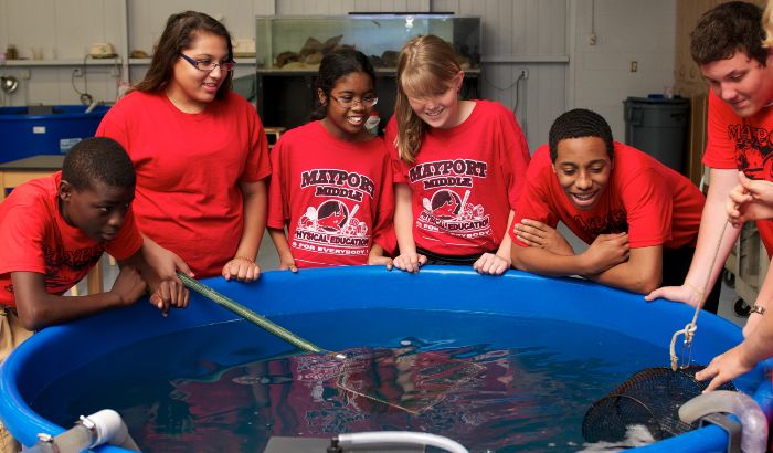 Mayport Middle students huddle excitedly around an aquaponics tank.