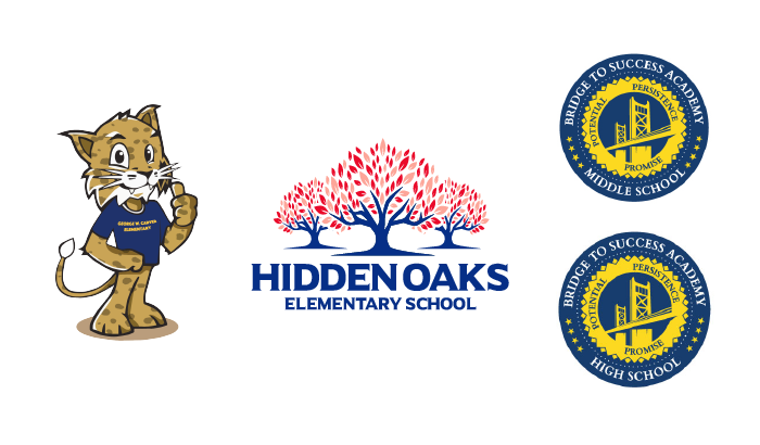 school logos for GW Carver, Hidden Oaks, BTS Middle and BTS High